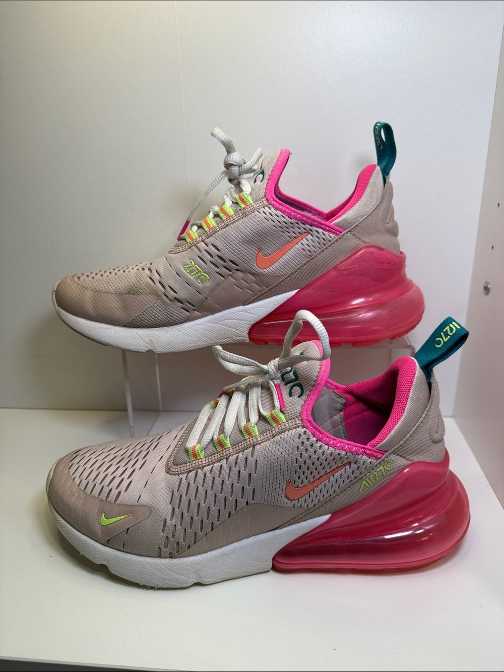 Nike Beige and Hot Pink Air Max 270 Sneakers with Neon Accents